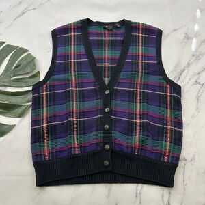 Liz Sport Womens Vintage 90s Sweater Vest Size L Purple Green Plaid Chunky